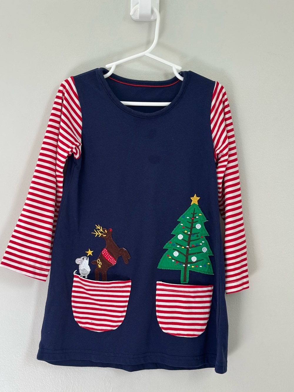 Girls Size 4 Christmas Dress Navy Red Striped Reindeer Tree 100% Cotton